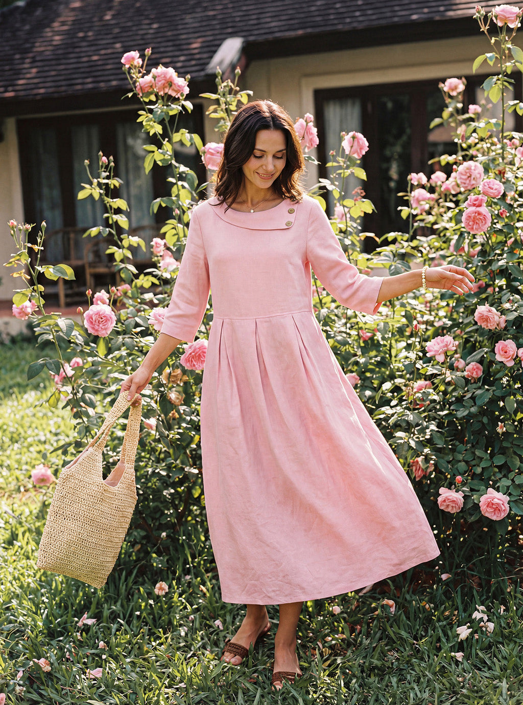 Robe mi-longue plissée en 100 % lin à col en croissant et boutons décoratifs à la taille GWENYTH