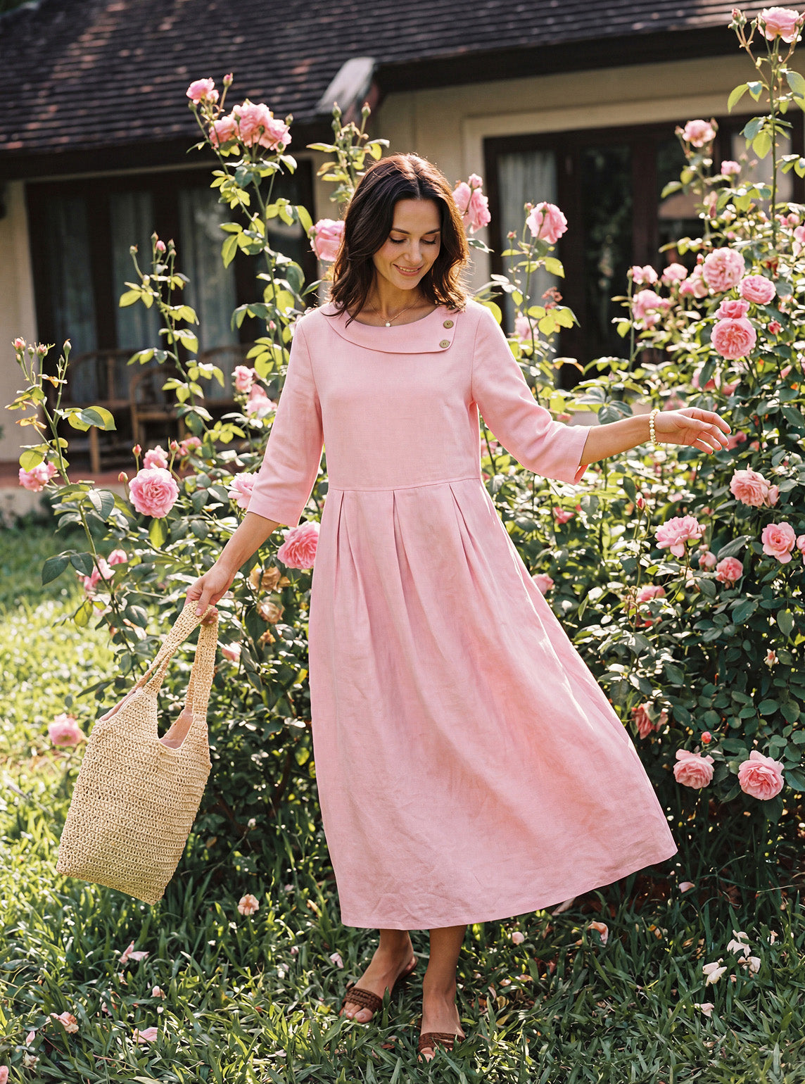 Robe mi-longue plissée en 100 % lin à col en croissant et boutons décoratifs à la taille GWENYTH