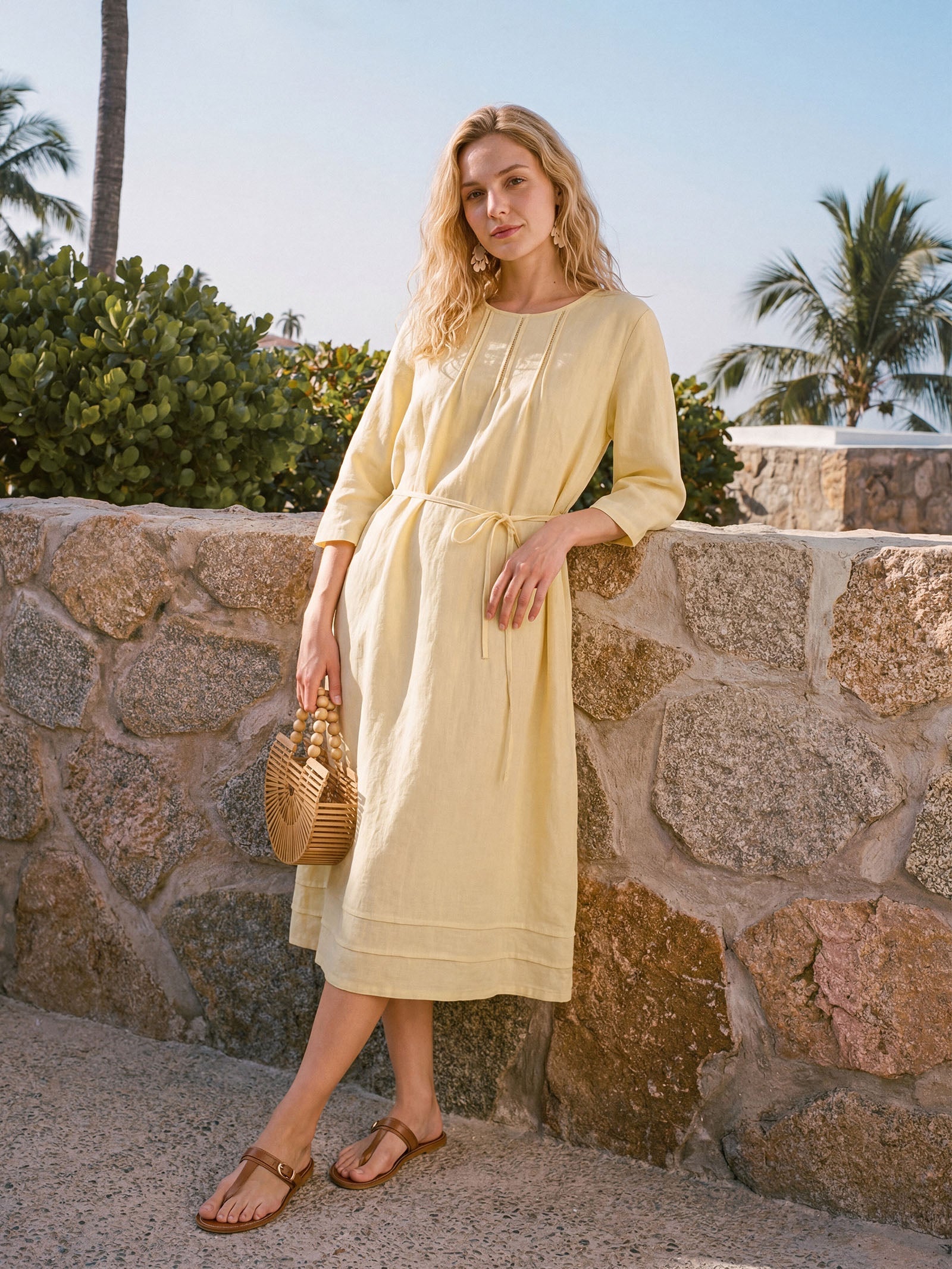 Robe Midi Étages VERENA en Lin 100 %, Froncée et Brodé, avec Ceinture Ajustable
