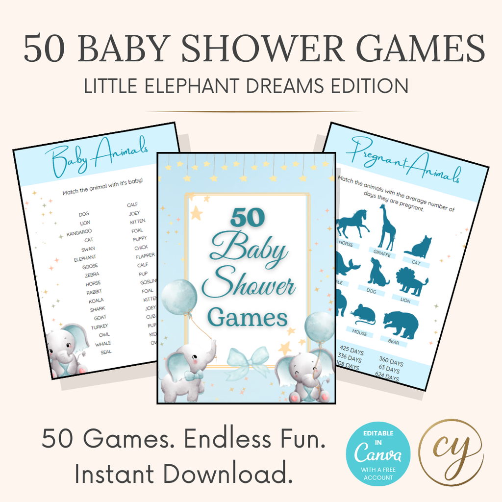 Pack de 50 jeux imprimables pour baby shower – Thème Petit Éléphant