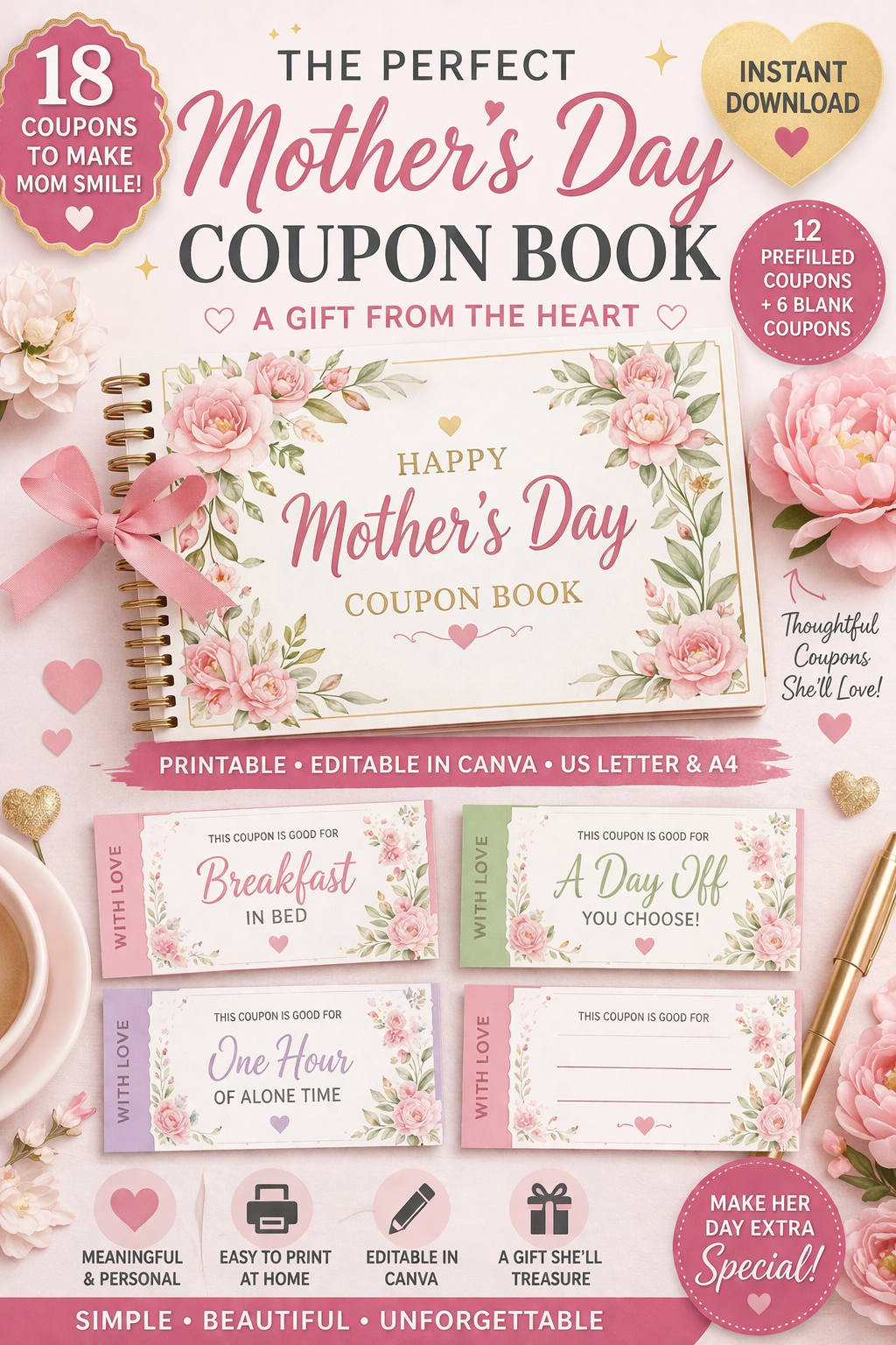 Elegant Mother’s Day Coupon Book Printable | 12 Prefilled + 6 Blank Coupons