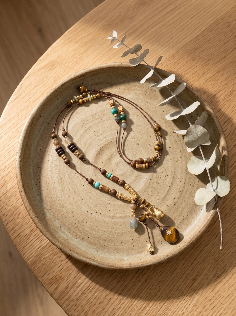 Long collier de perles en pierre naturelle