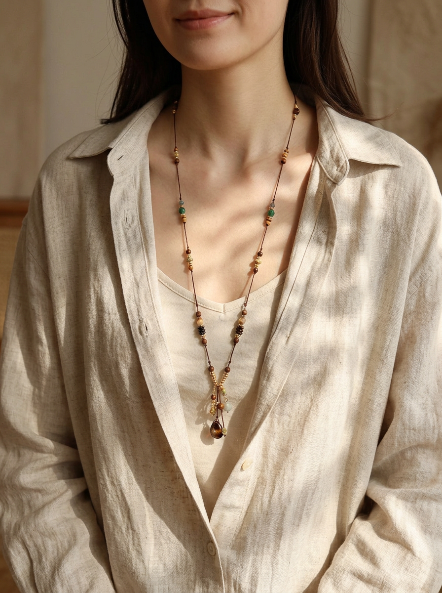 Long collier de perles en pierre naturelle