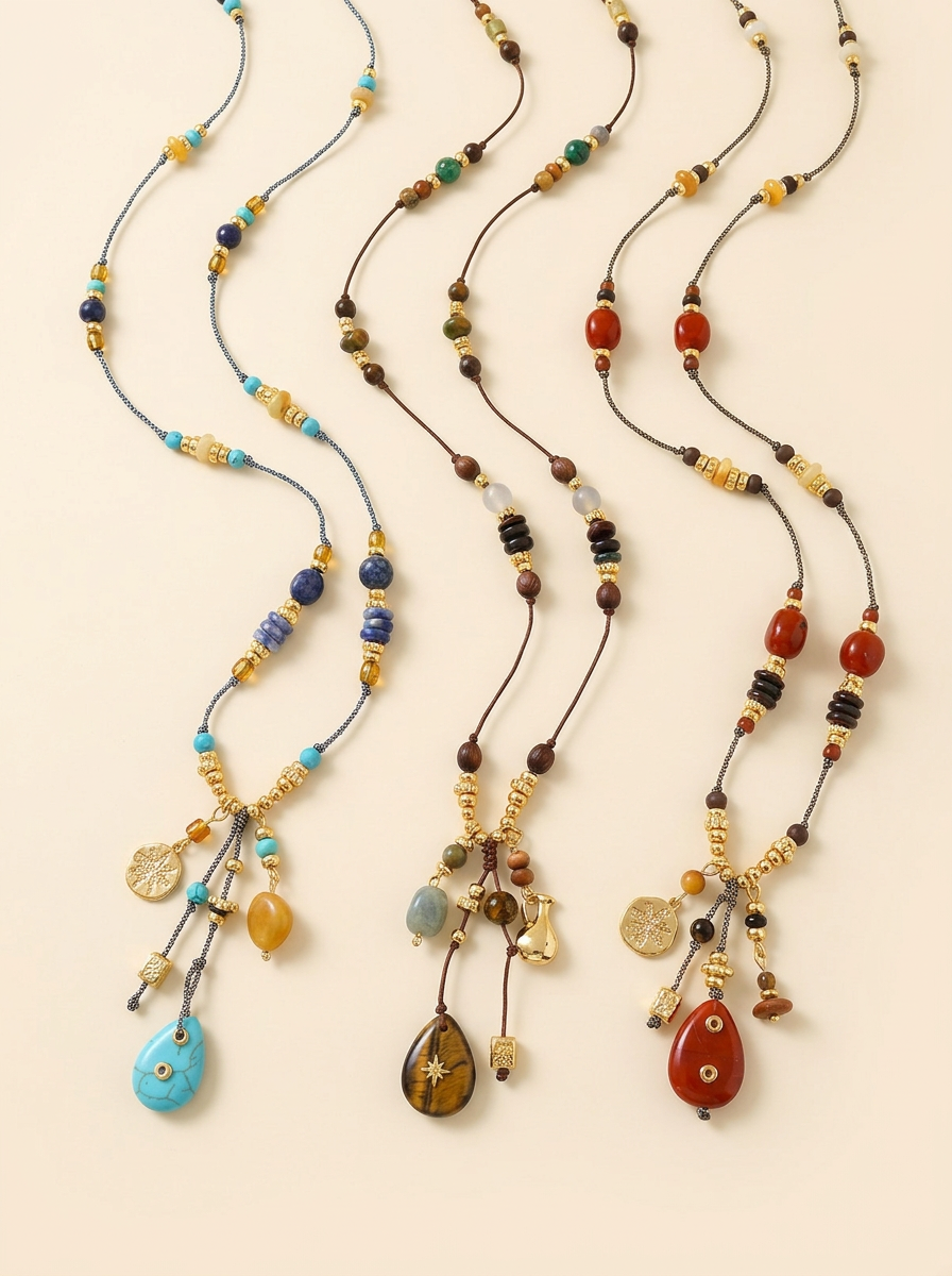 Long collier de perles en pierre naturelle