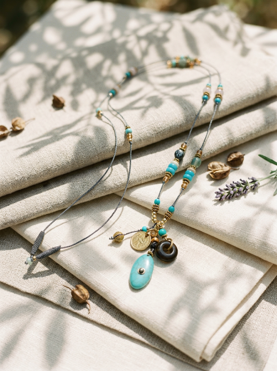 Long collier de perles en pierre naturelle