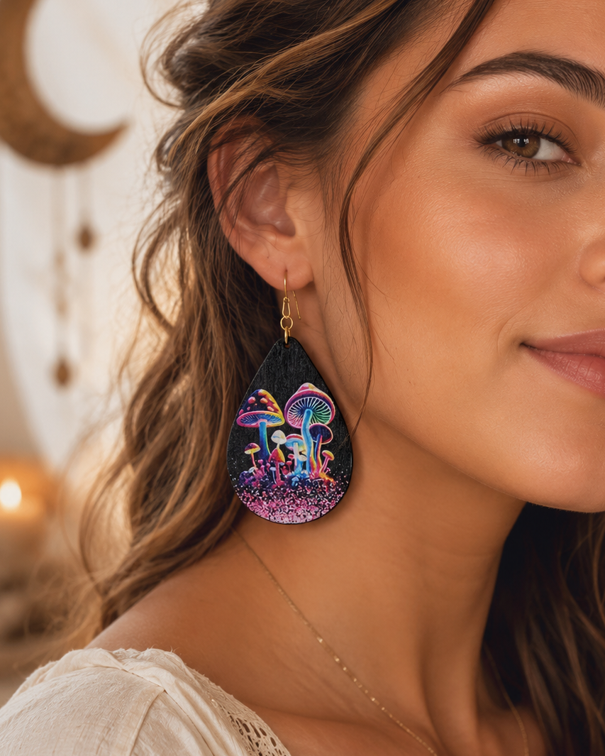 Boucles d'oreilles imprimées champignon en bois Magie Néon