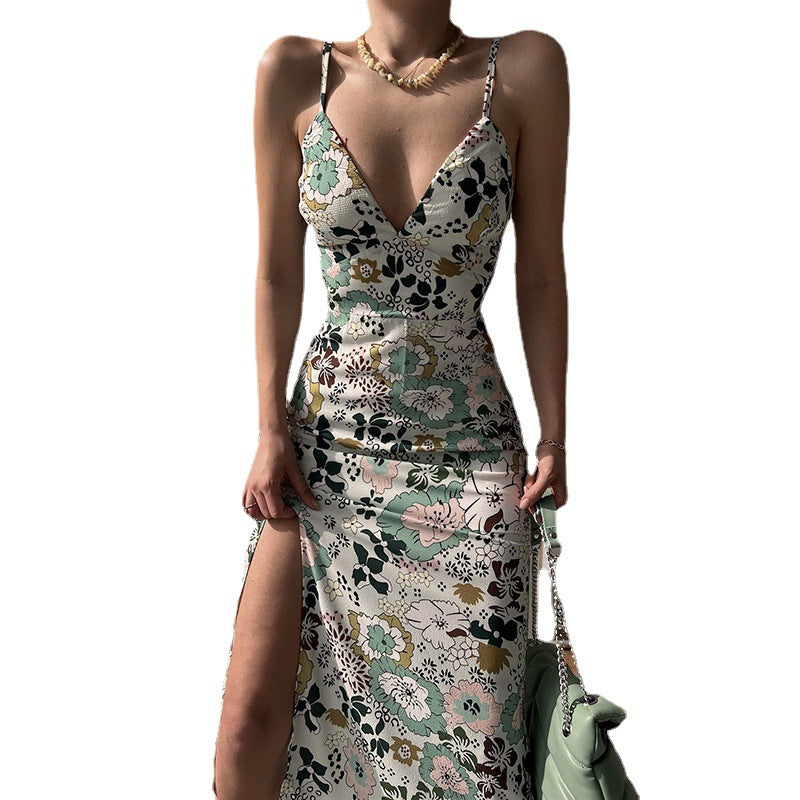 Robe longue fendue à imprimé dos nu pour femme