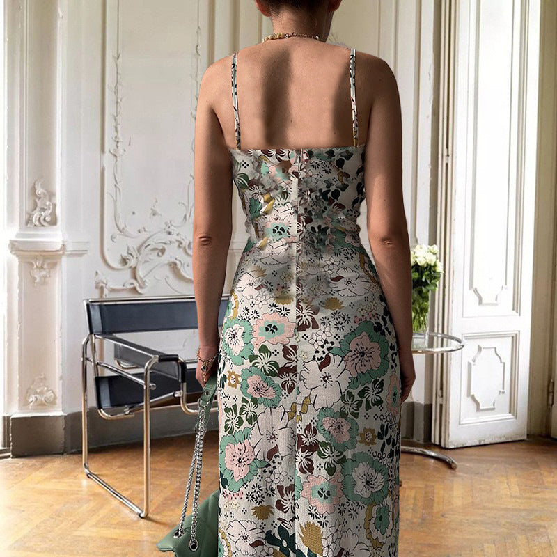 Robe longue fendue à imprimé dos nu pour femme