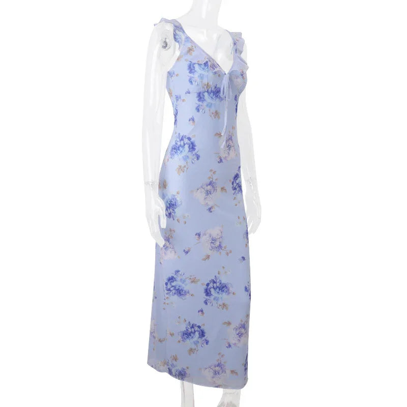 Robe longue jaune fleurie | Robe de soirée d'été rétro col en V -femstylo