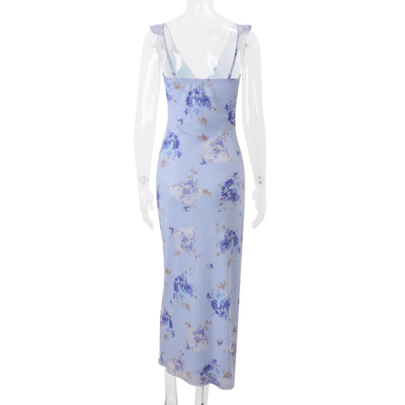 Robe longue jaune fleurie | Robe de soirée d'été rétro col en V -femstylo