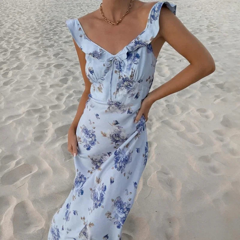 Robe longue jaune fleurie | Robe de soirée d'été rétro col en V -femstylo