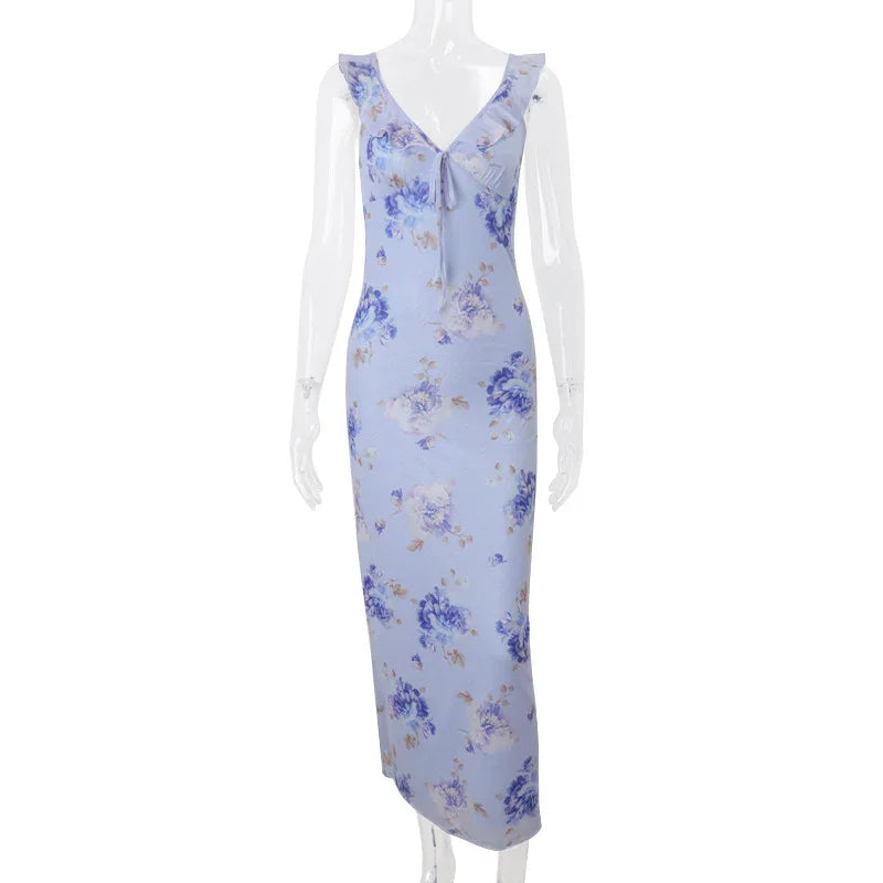 Robe longue jaune fleurie | Robe de soirée d'été rétro col en V -femstylo