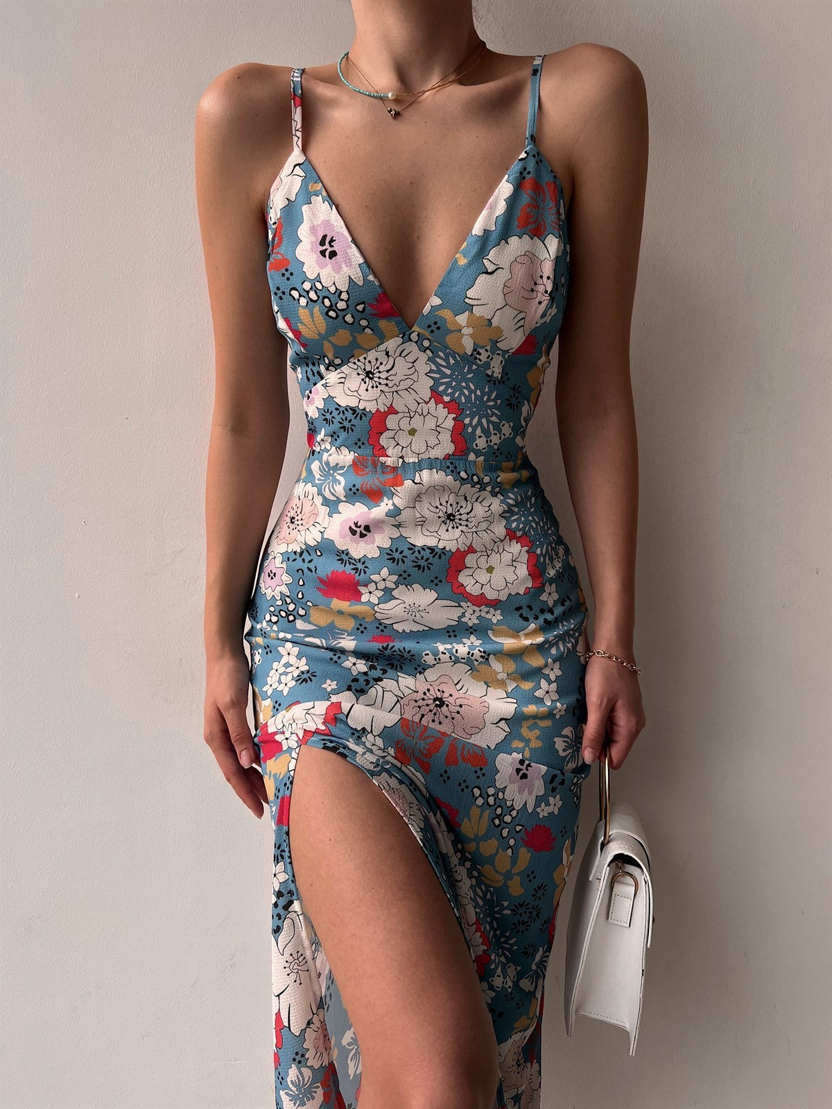 Robe longue fendue à imprimé dos nu pour femme