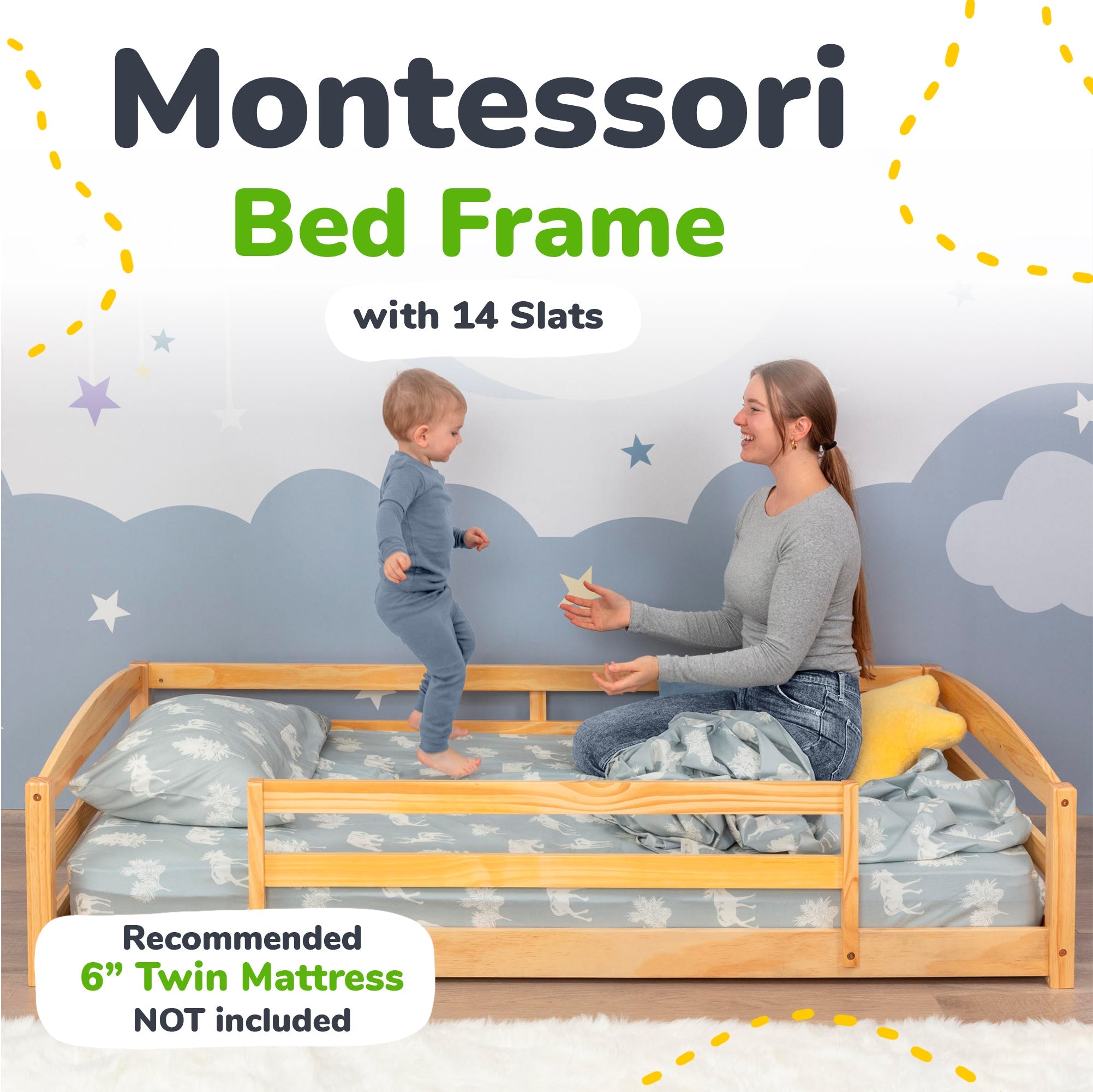 Lit au sol double pour enfants avec barrières de sécurité - Inspiré Montessori