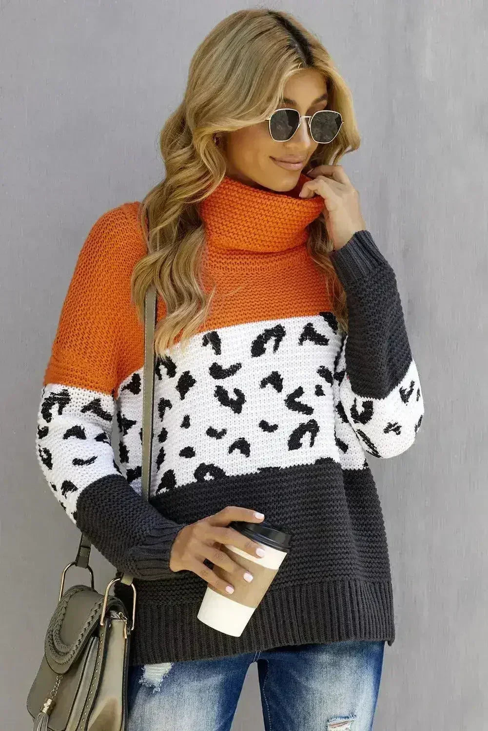Pull en maille épaisse à col roulé color block orange