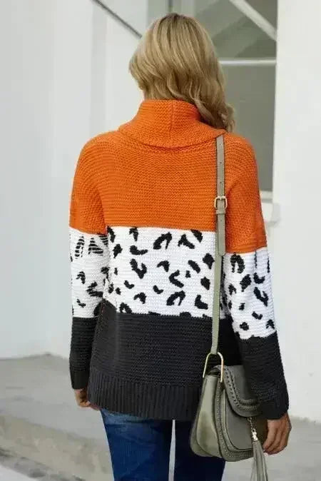 Pull en maille épaisse à col roulé color block orange