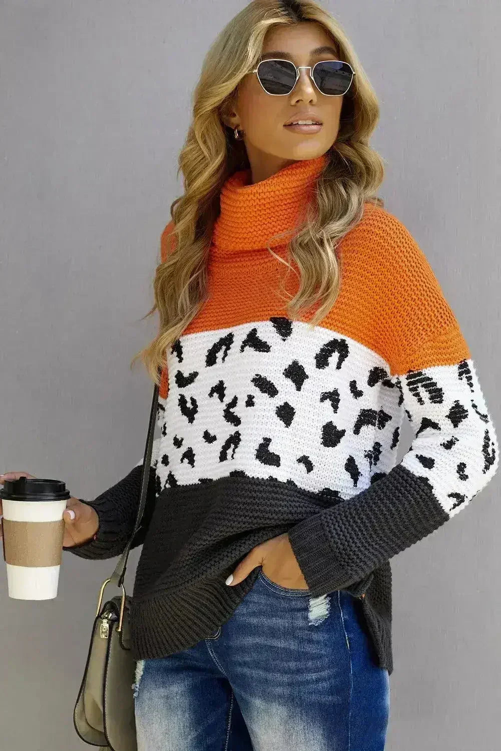 Pull en maille épaisse à col roulé color block orange