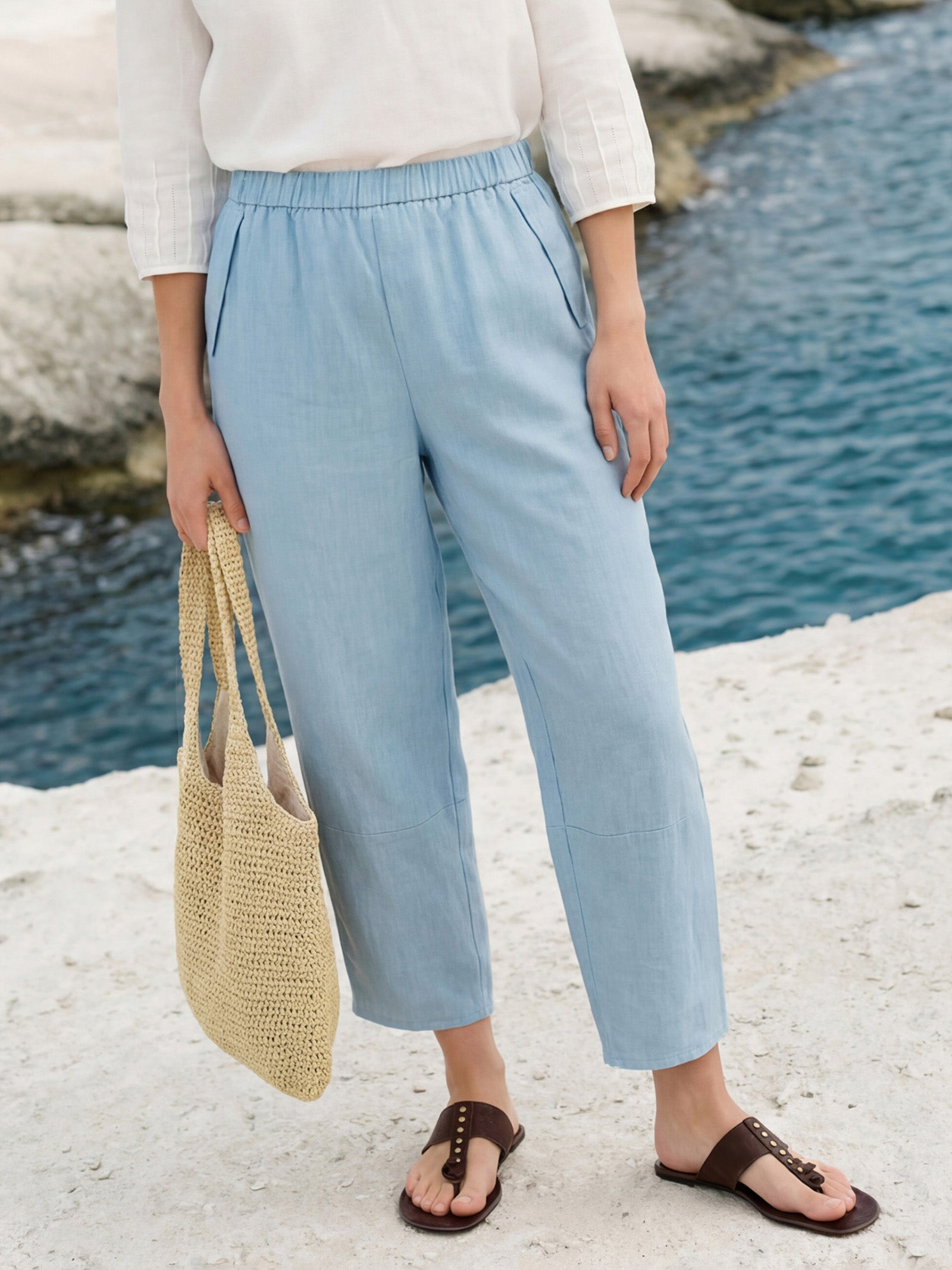 Pantalon fuselé court à enfiler 100 % lin LORETTA