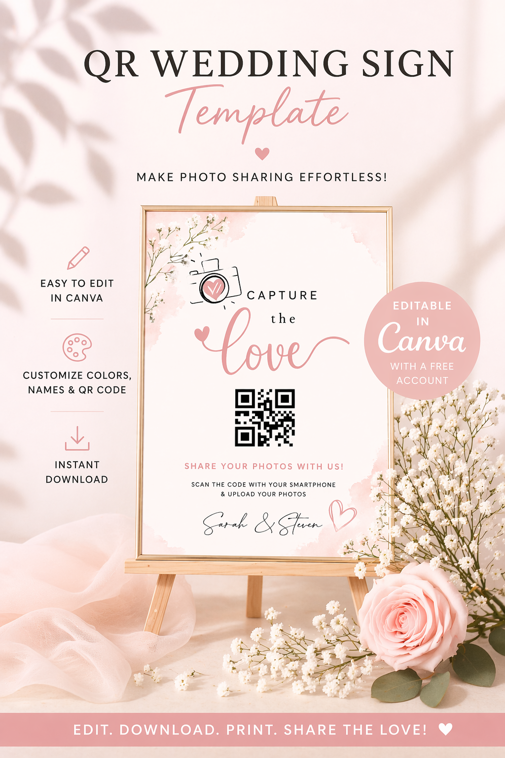Capture the Love – Editable QR Code Wedding Sign Template (Canva) | Instant Download