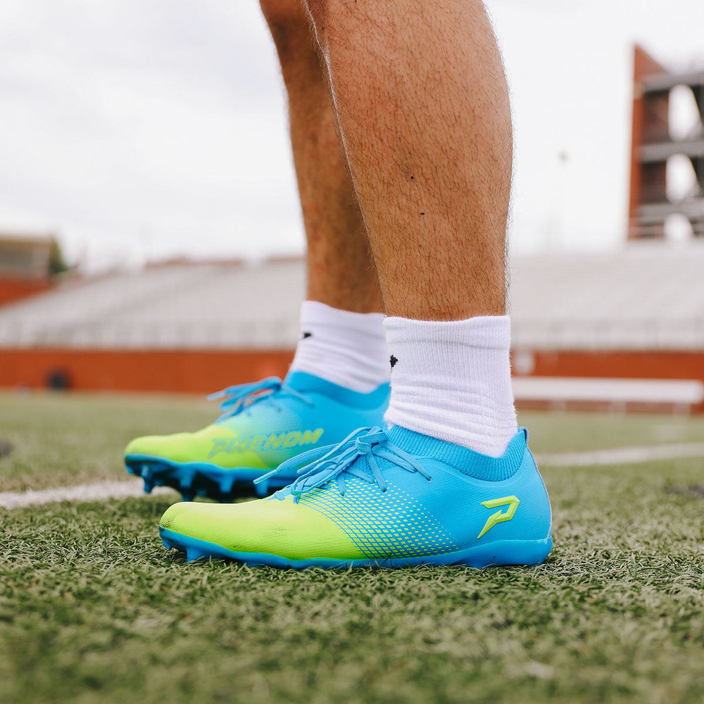 Chaussures de football américain Quantum Energy – Bleu Columbia et Vert Fluo