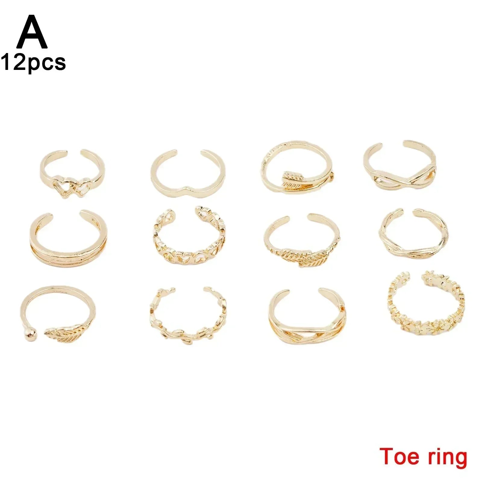 12 Bagues d'orteil ajustables pour femmes et filles, ensemble simple pour la plage, ouvert, bijoux mignons cœur, plume, été, pieds