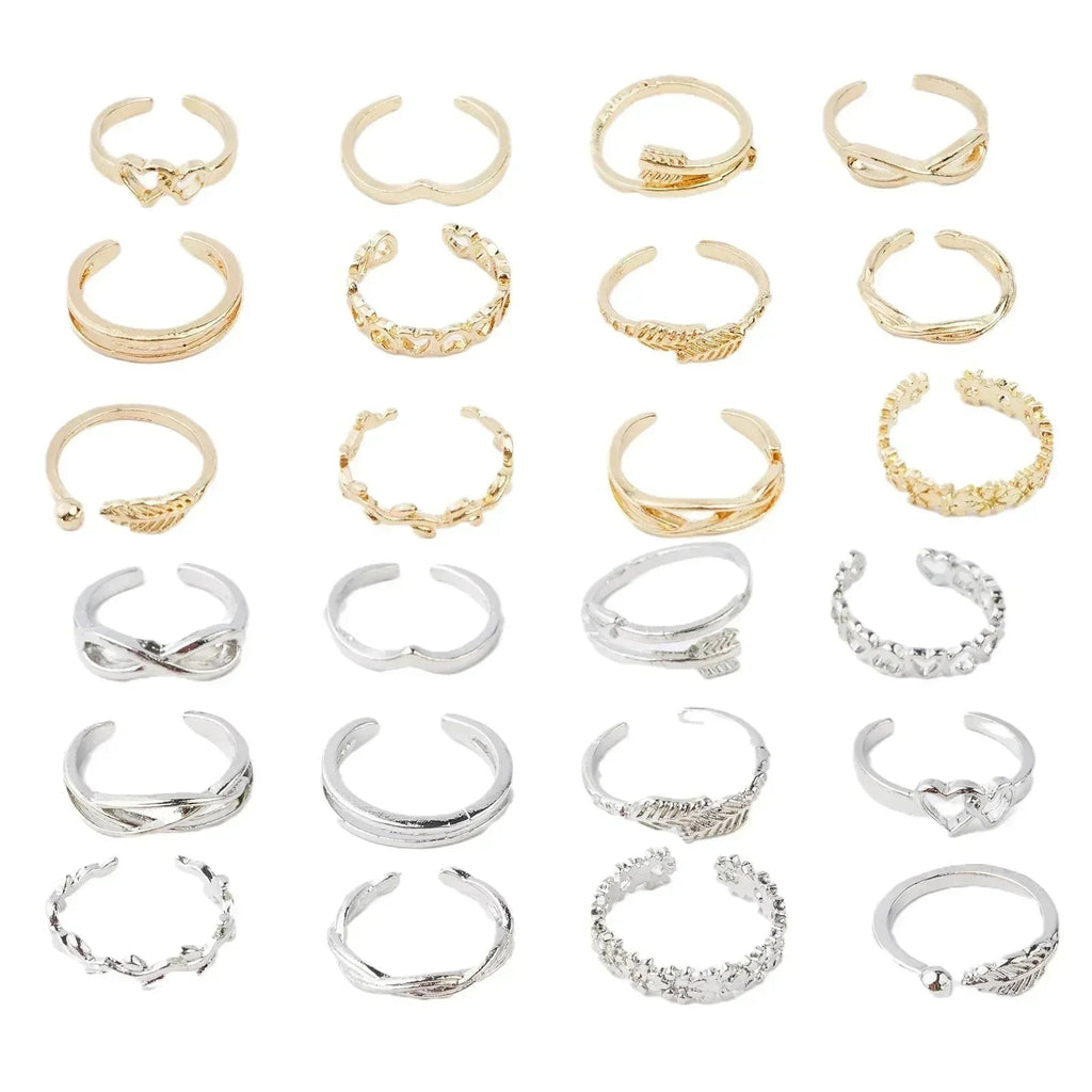 12 Bagues d'orteil ajustables pour femmes et filles, ensemble simple pour la plage, ouvert, bijoux mignons cœur, plume, été, pieds