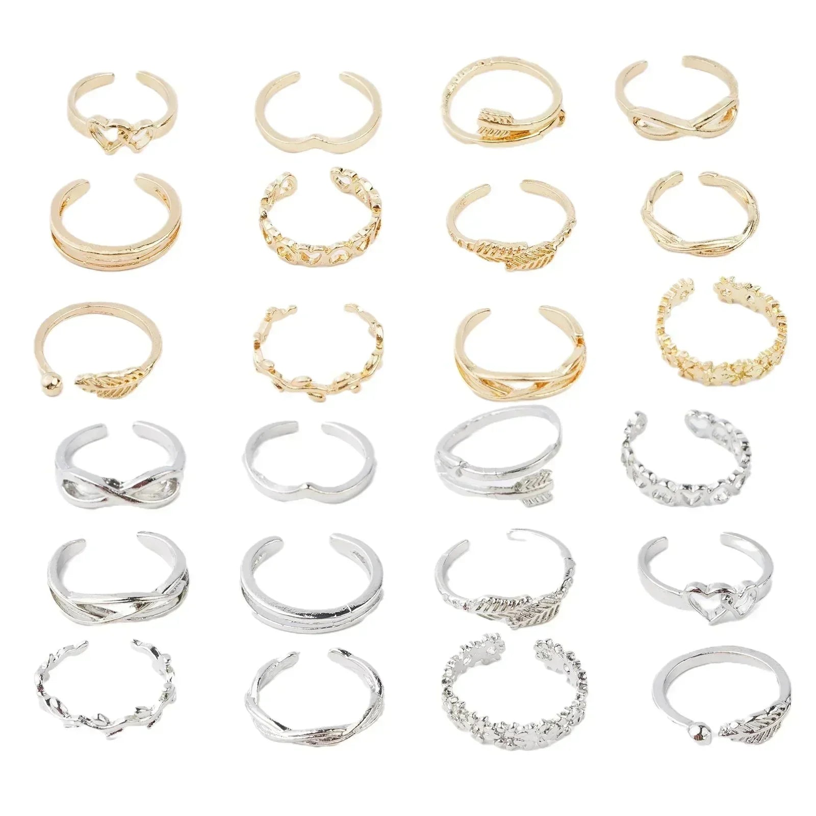 12 Bagues d'orteil ajustables pour femmes et filles, ensemble simple pour la plage, ouvert, bijoux mignons cœur, plume, été, pieds