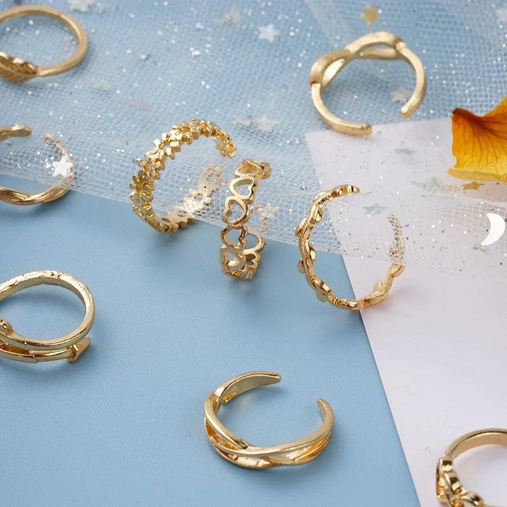 12 Bagues d'orteil ajustables pour femmes et filles, ensemble simple pour la plage, ouvert, bijoux mignons cœur, plume, été, pieds