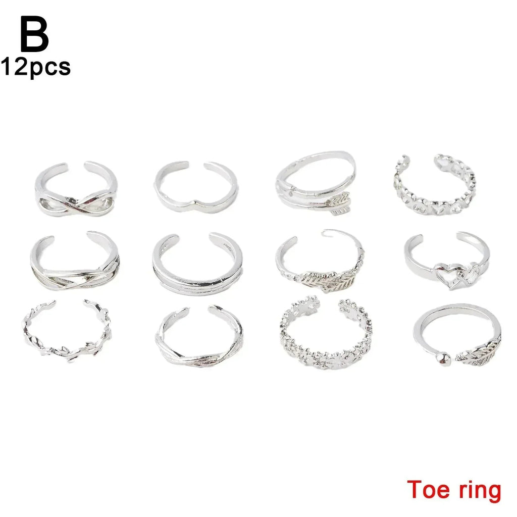 12 Bagues d'orteil ajustables pour femmes et filles, ensemble simple pour la plage, ouvert, bijoux mignons cœur, plume, été, pieds