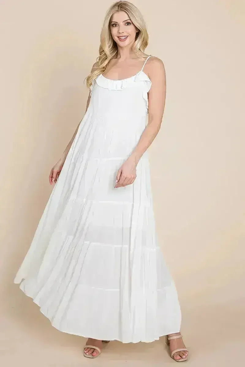 Robe longue cami étagée à fines bretelles