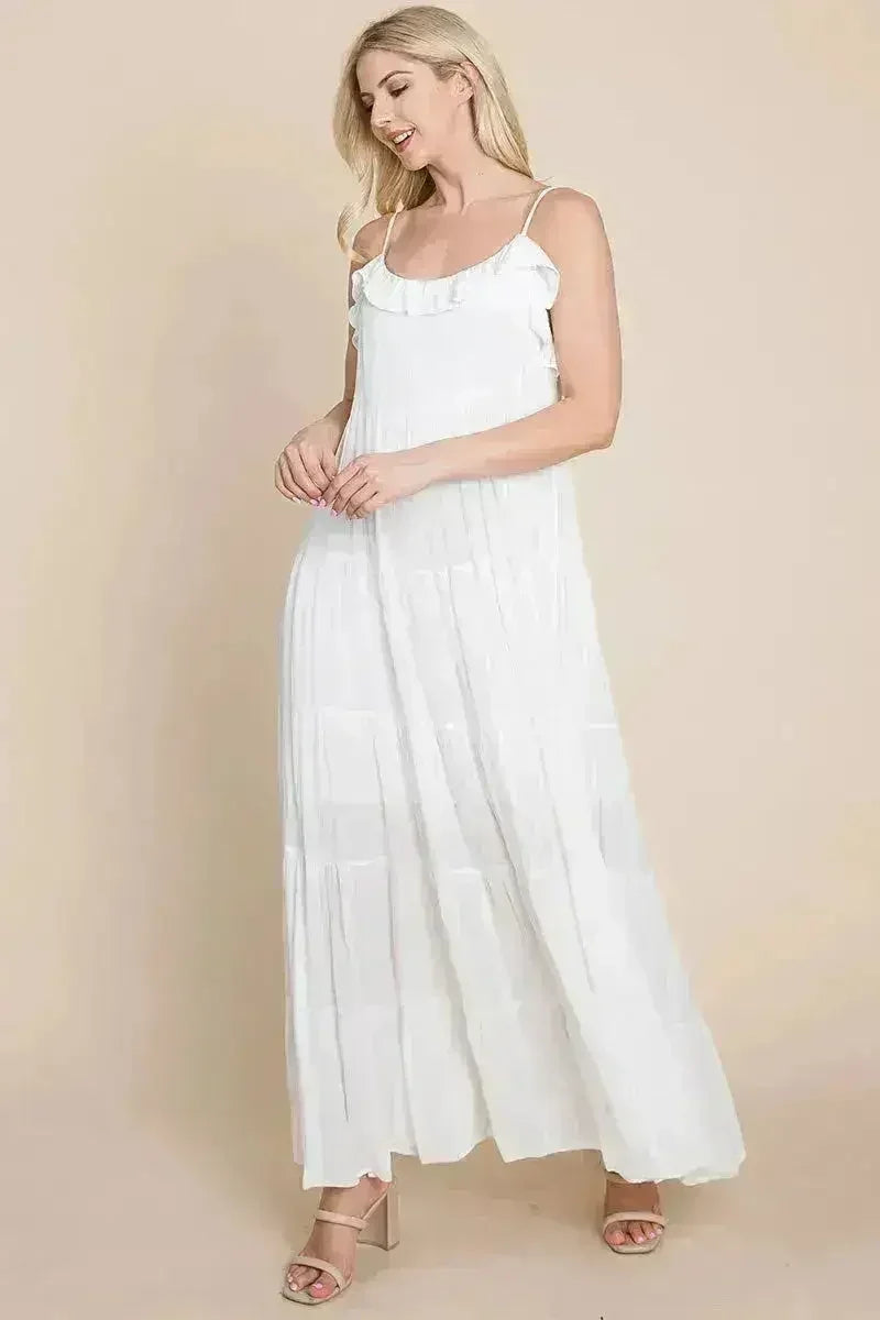 Robe longue cami étagée à fines bretelles