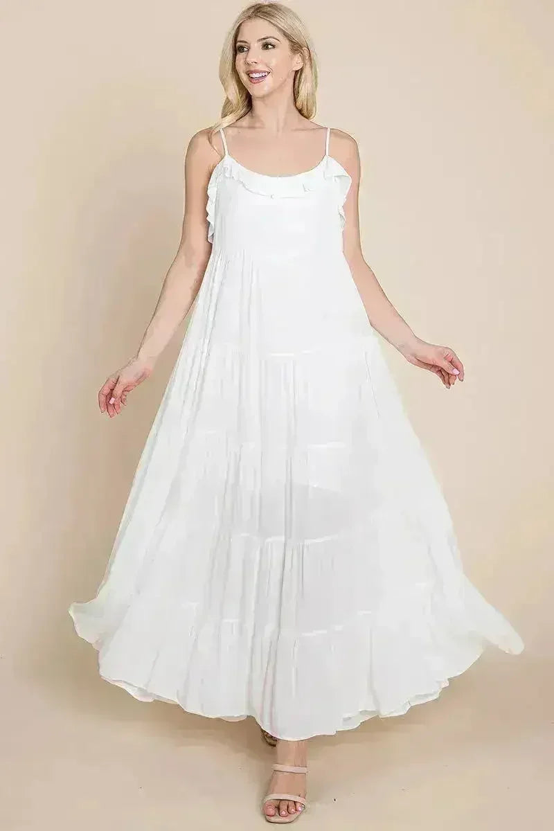 Robe longue cami étagée à fines bretelles