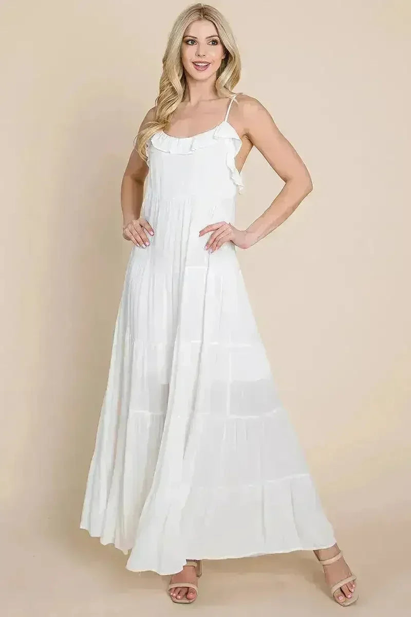Robe longue cami étagée à fines bretelles