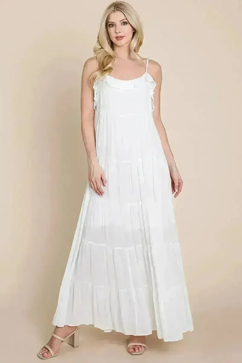 Robe longue cami étagée à fines bretelles