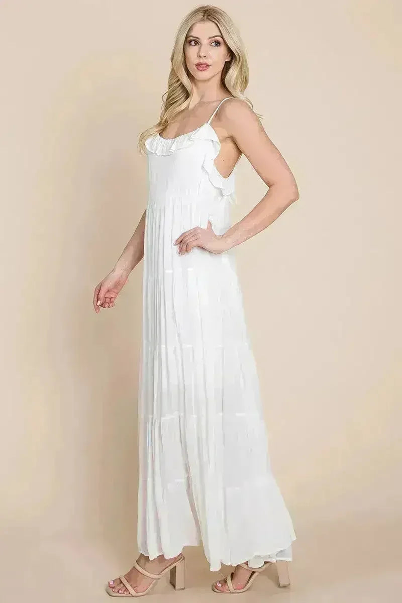 Robe longue cami étagée à fines bretelles