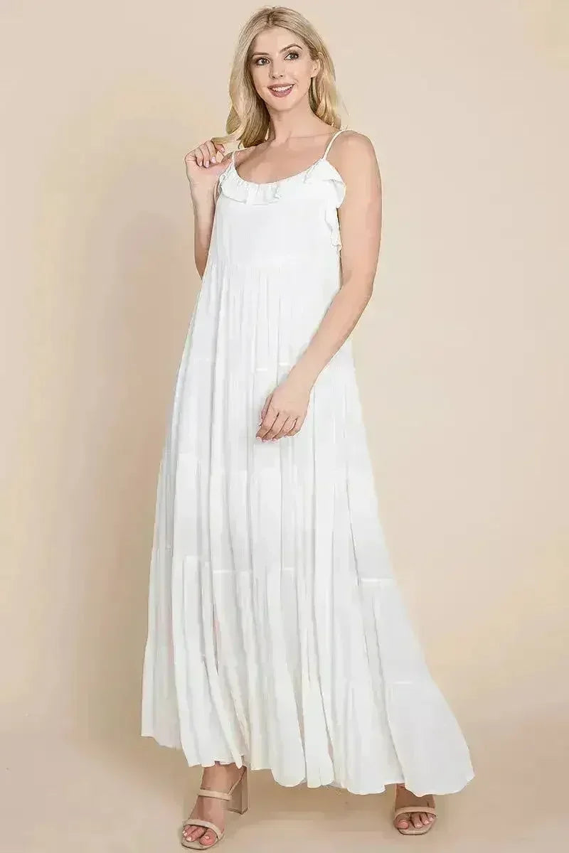 Robe longue cami étagée à fines bretelles