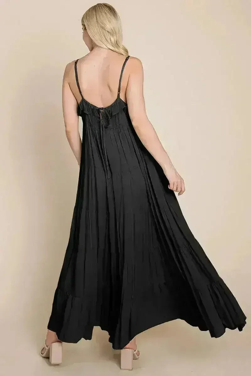 Robe longue cami étagée à fines bretelles