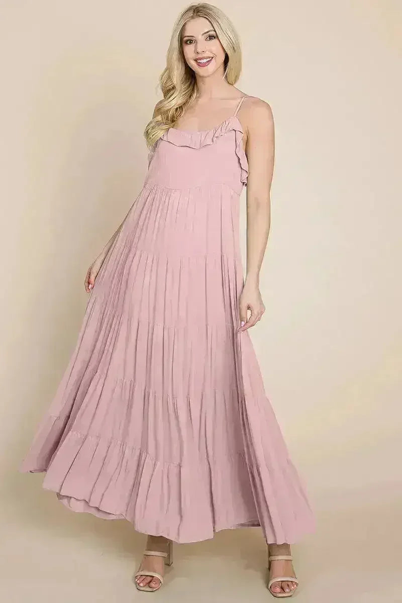 Robe longue cami étagée à fines bretelles