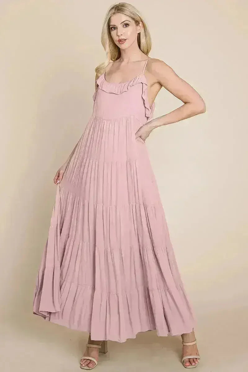 Robe longue cami étagée à fines bretelles