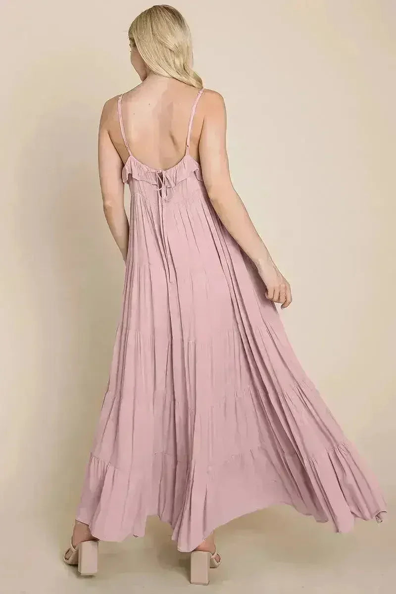 Robe longue cami étagée à fines bretelles