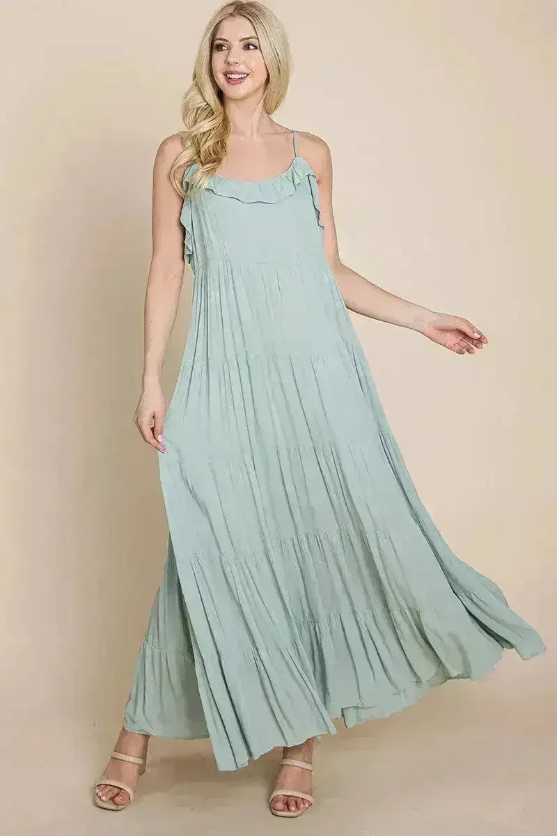 Robe longue cami étagée à fines bretelles