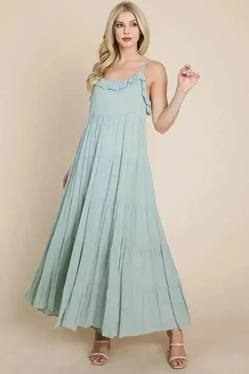 Robe longue cami étagée à fines bretelles