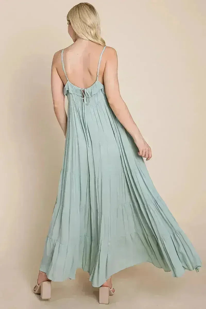 Robe longue cami étagée à fines bretelles