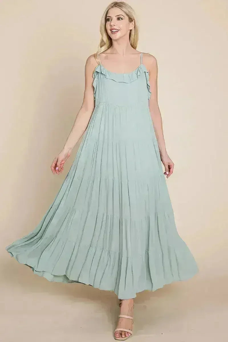 Robe longue cami étagée à fines bretelles