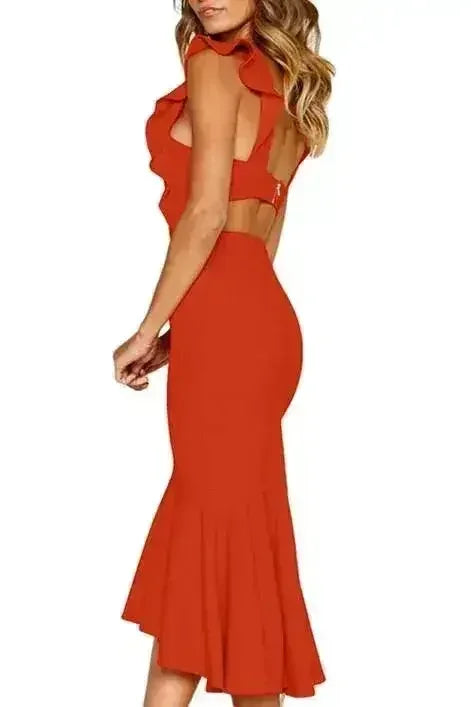 Robe de Soirée Princesse Rouge Sirène à Volants