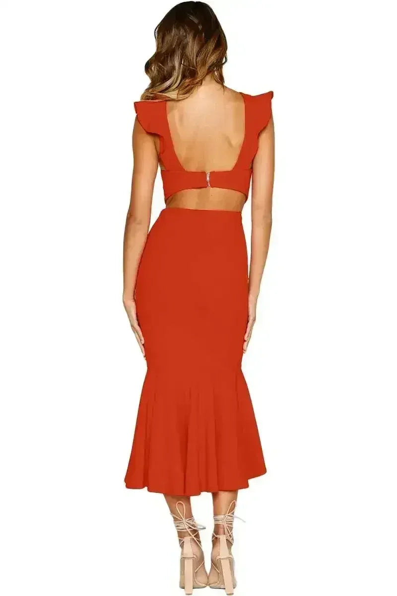 Robe de Soirée Princesse Rouge Sirène à Volants