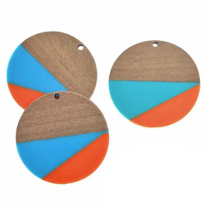 Boucles d'oreilles en bois et résine Color Block – Pendantes rétro bohème bleu orange – Crochets d'oreilles légers en argent sterling – Fabriquées à la main aux États-Unis