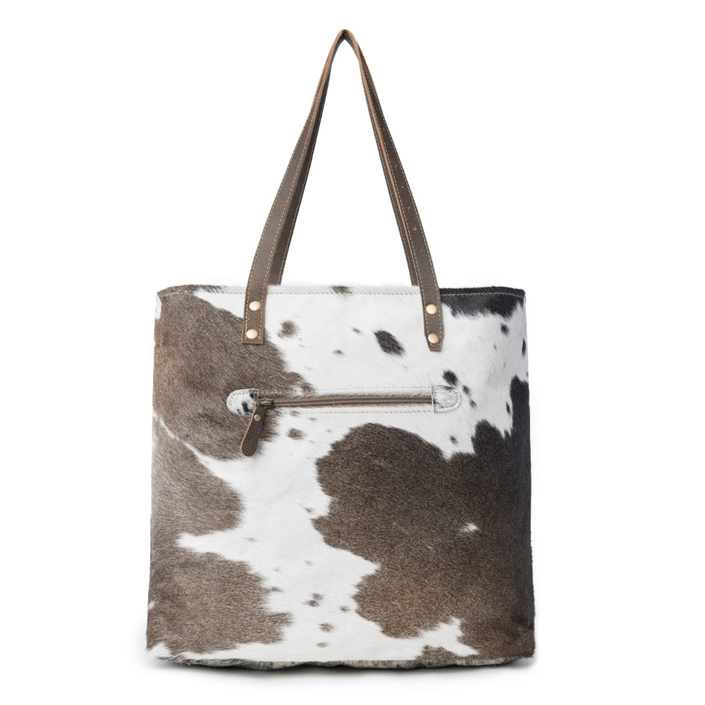Sac fourre-tout pour femme Myra Mesa Trail Patchwork Hairon, design rustique en peau de vache, anses en cuir marron pour un usage quotidien