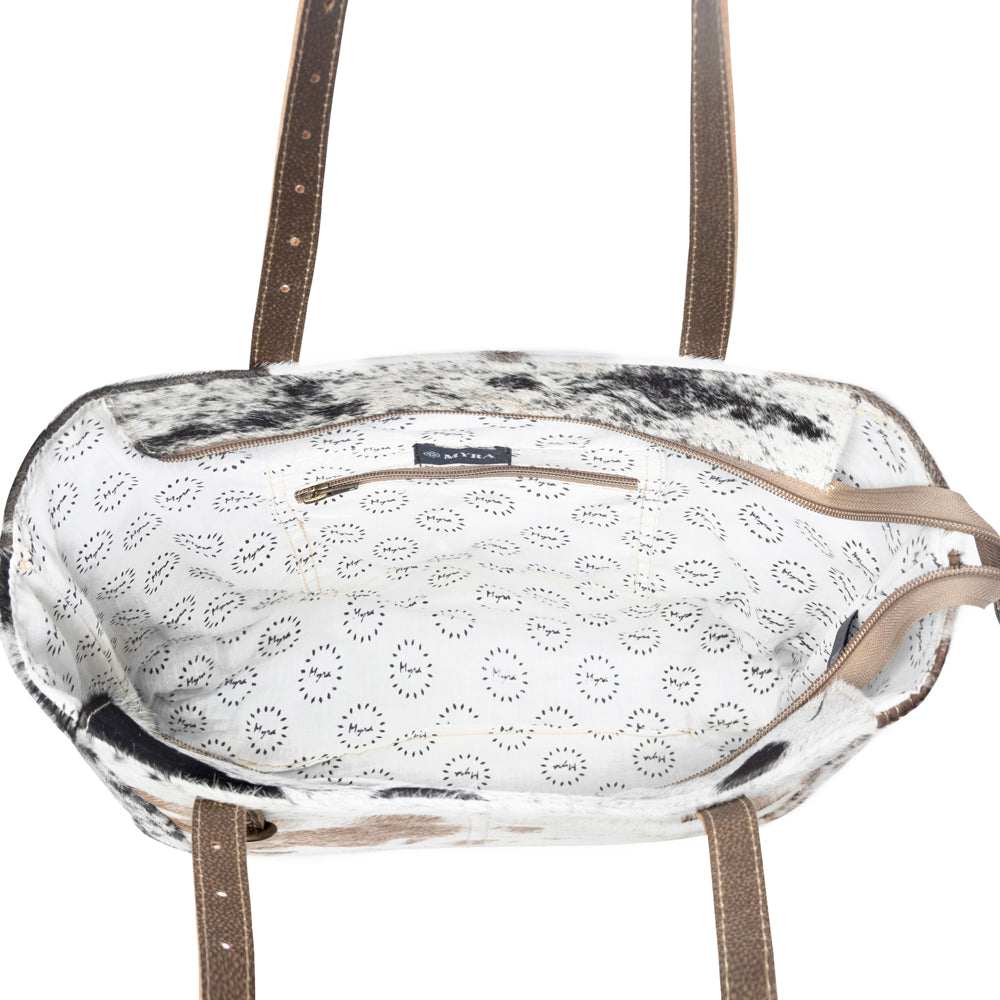 Sac fourre-tout pour femme Myra Mesa Trail Patchwork Hairon, design rustique en peau de vache, anses en cuir marron pour un usage quotidien