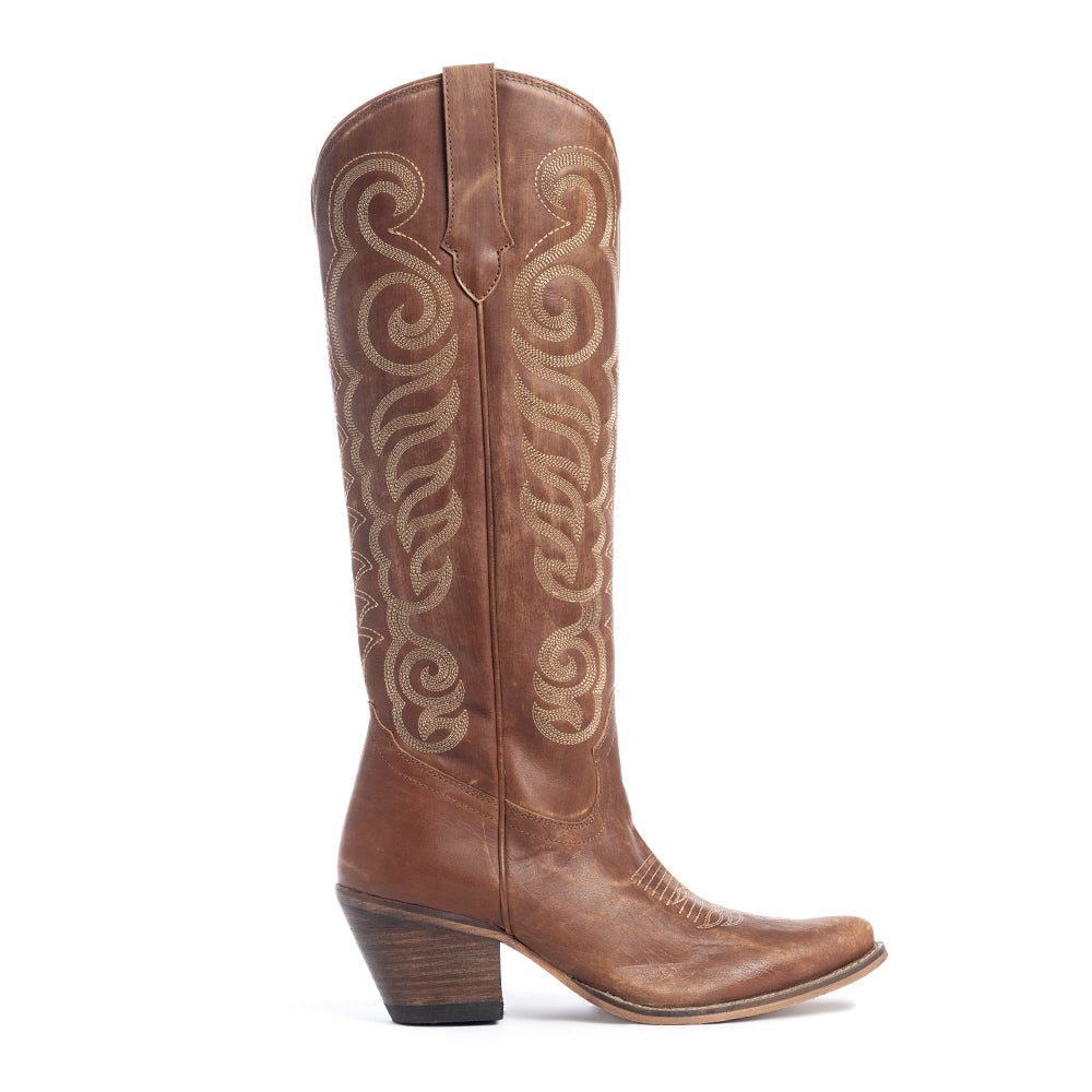 Bottes pour femmes Myra Nalejandra en cuir marron mocha - Talons hauts occidentaux brodés avec bout pointu pour un style champêtre festif